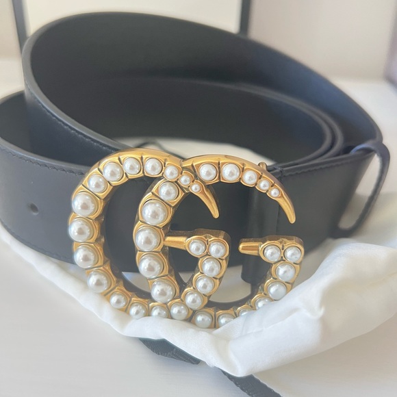 Gucci LEATHER BELT WITH PEARL DOUBLE G - Picture 3 of 6